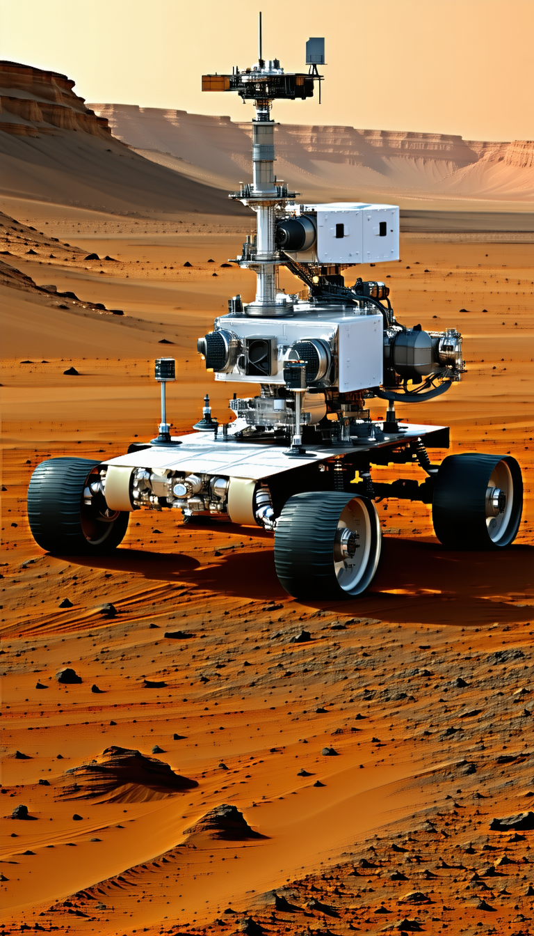 A Large Robotic Vehicle, Possibly A Rover, Driving Across A Red Dirt Surface