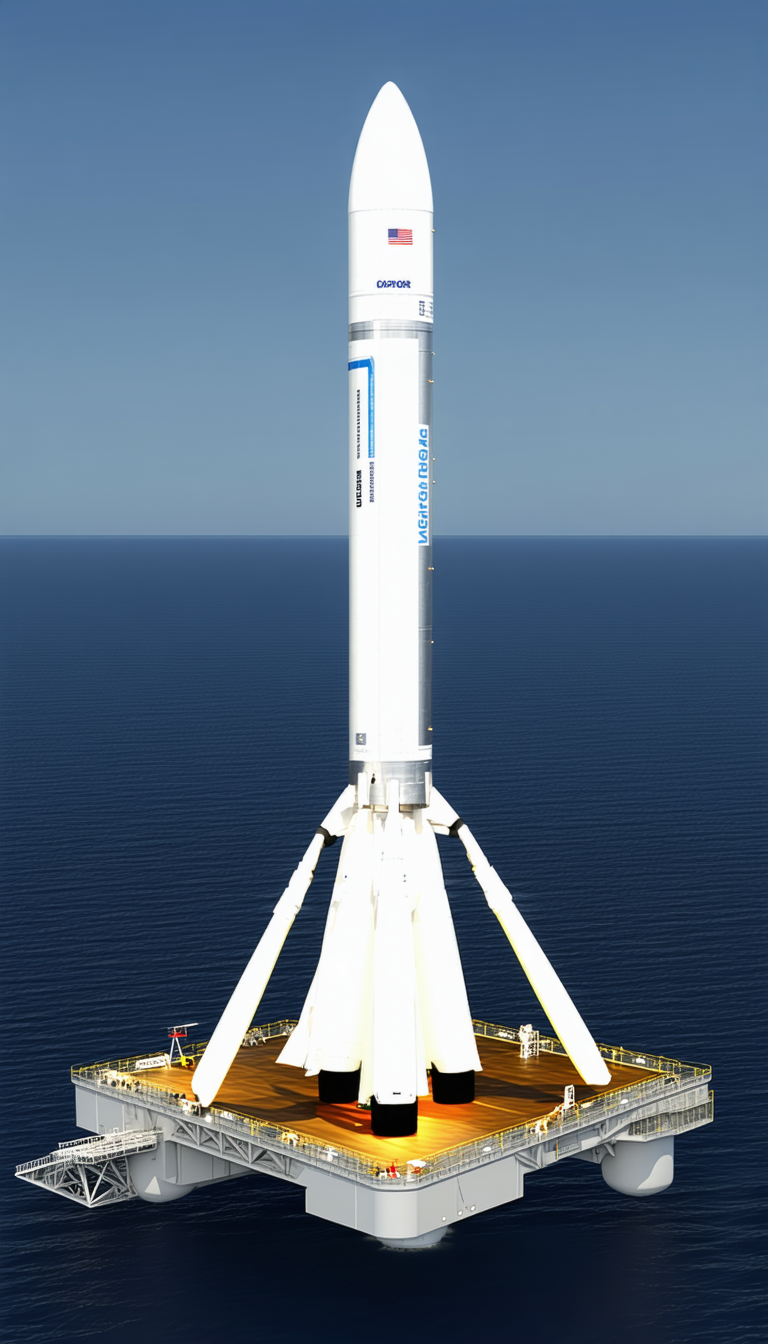 A Large White Rocket Is Sitting On A Platform In The Ocean