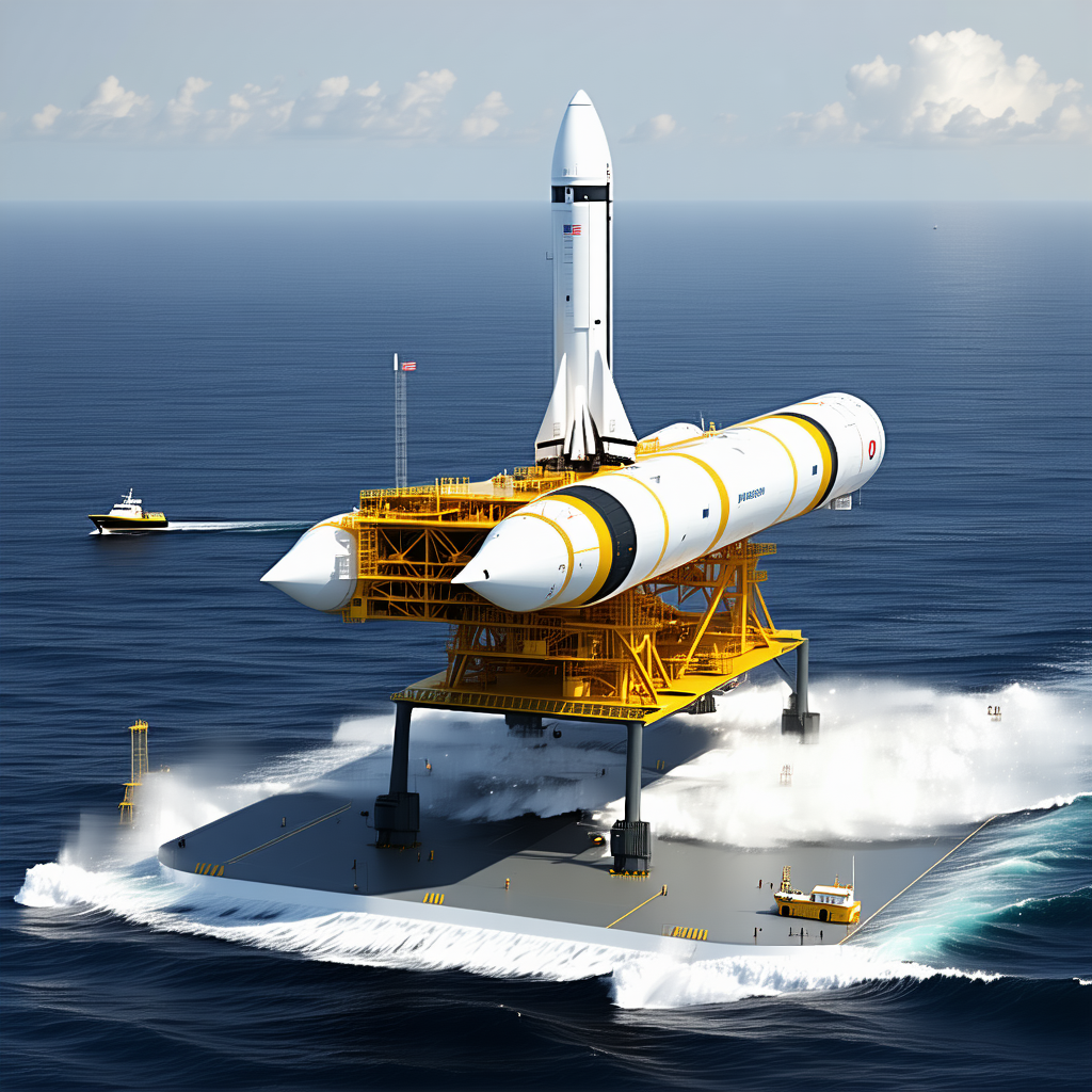 A Large Yellow Structure Is Floating On The Water, With A Rocket Ship On Top Of It