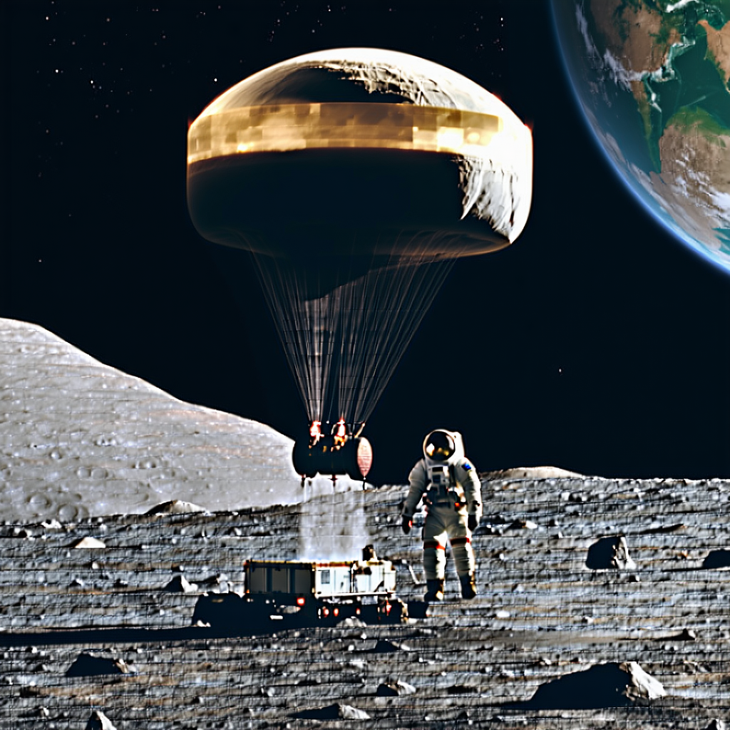 A Space Shuttle Is Docked On The Moon, With Two Astronauts Standing On The Lunar Surface