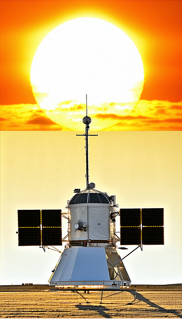 A Large Satellite Dish With A Sun Shining Brightly In The Background