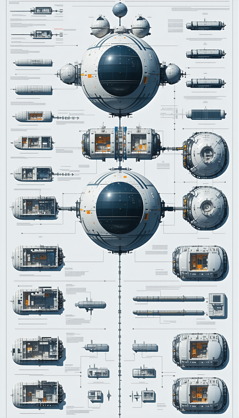 A Large, Detailed Drawing Of A Space Station Is Displayed In A Blue And White Color Scheme