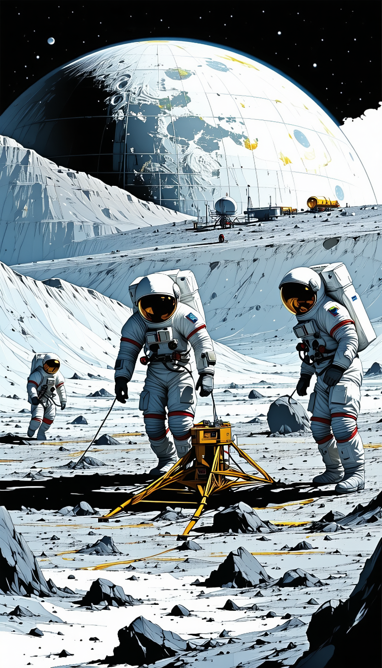 In The Image, There Are Three Astronauts Standing On A Rocky Surface, Possibly On The Moon