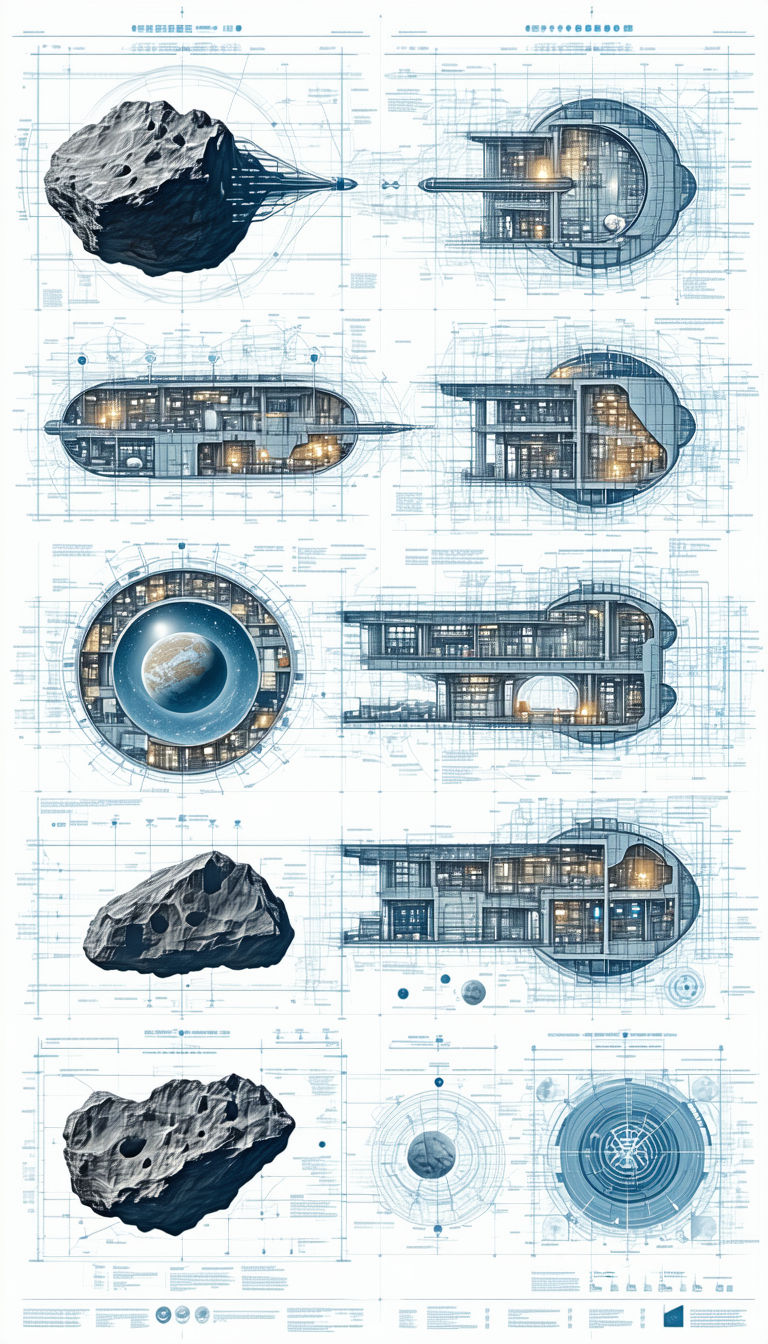 A Blue And White Drawing Of A Space Station Is Displayed