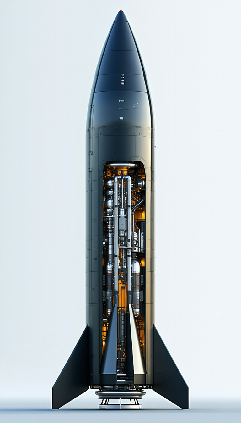 A Large Rocket Is Shown In A Close-up View, With Its Various Components Visible