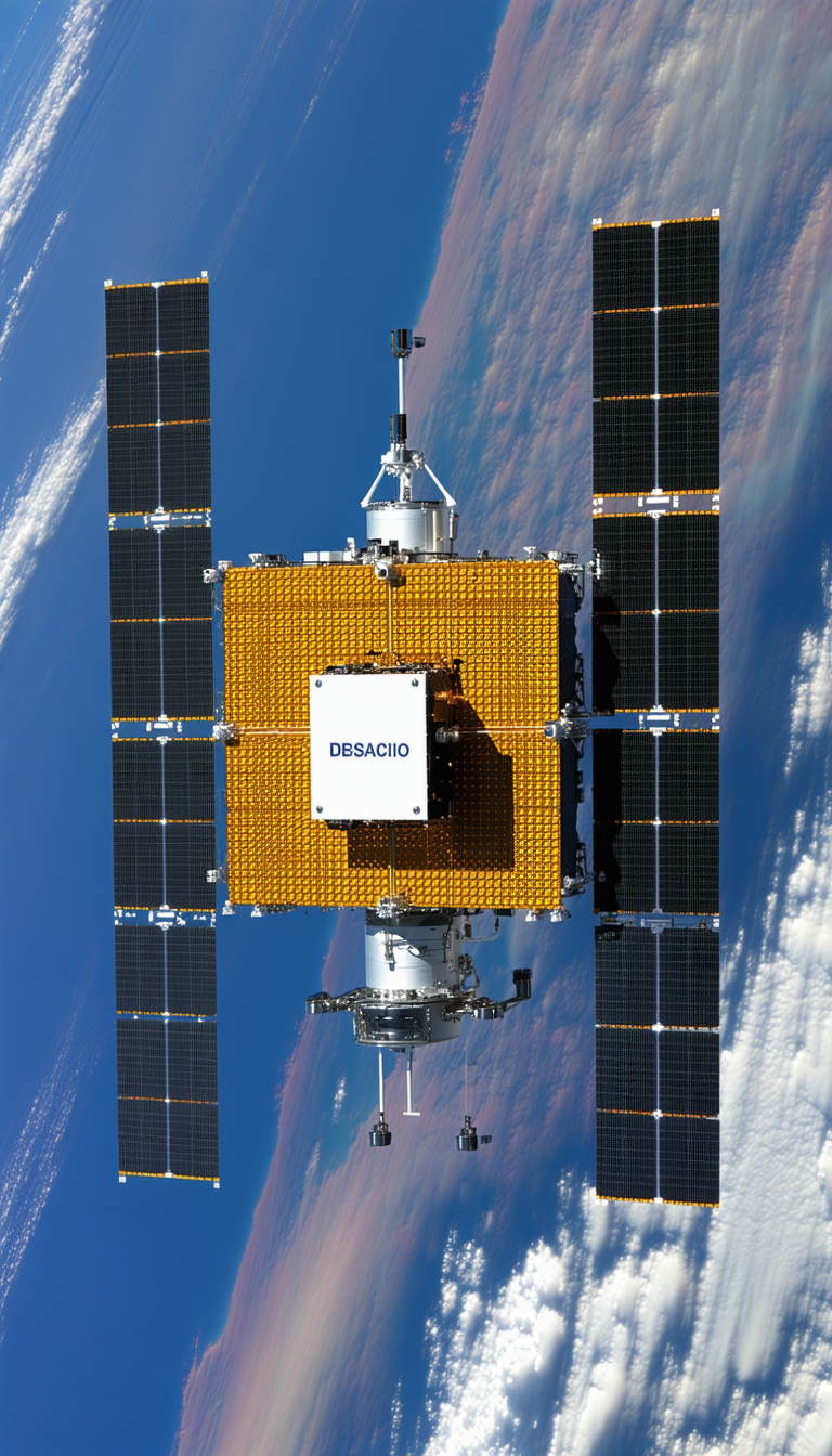 A Spacecraft Is Shown In A Close-up View, With A Large Satellite Dish On The Front