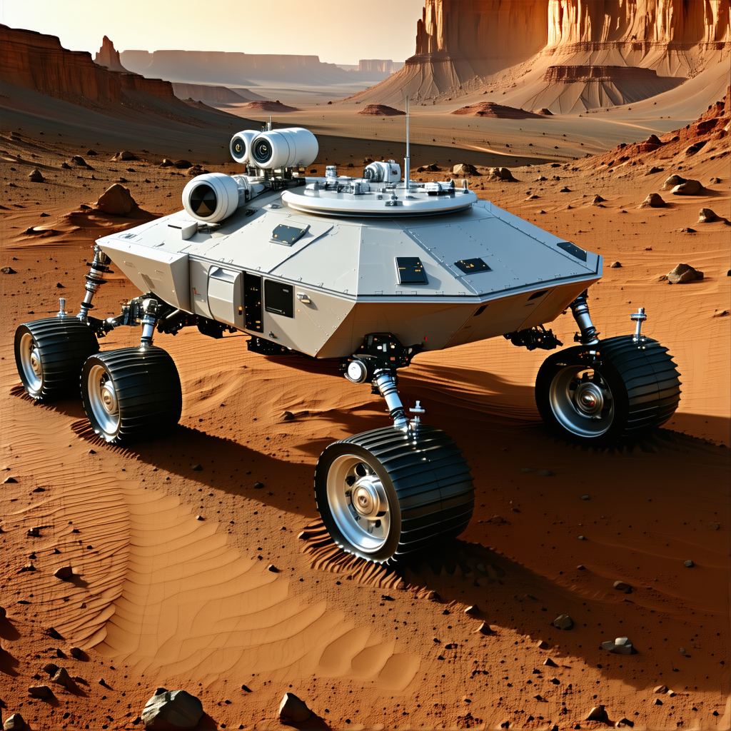 A Futuristic Vehicle Is Parked On A Dirt Road, With A Rocky Landscape In The Background