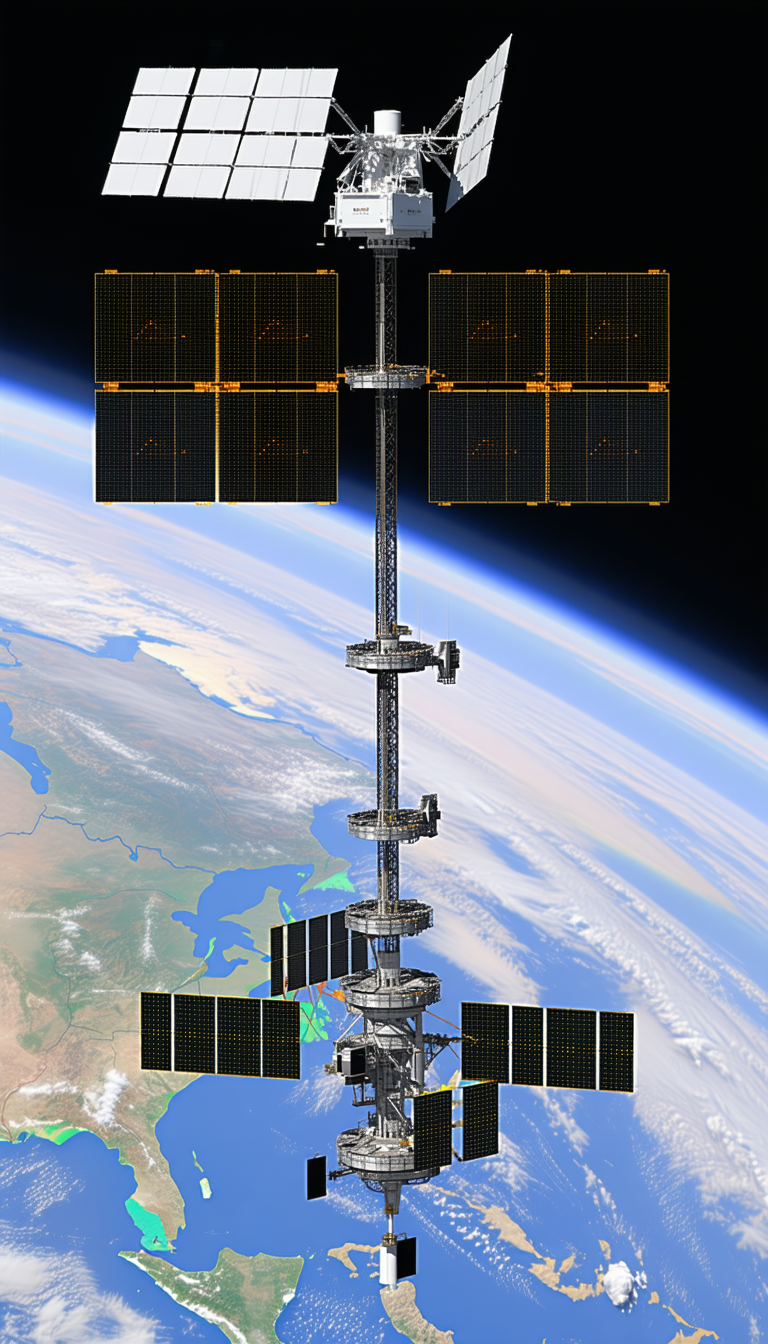 A Large Satellite Is Mounted On A Tower, Which Is Connected To A Space Station
