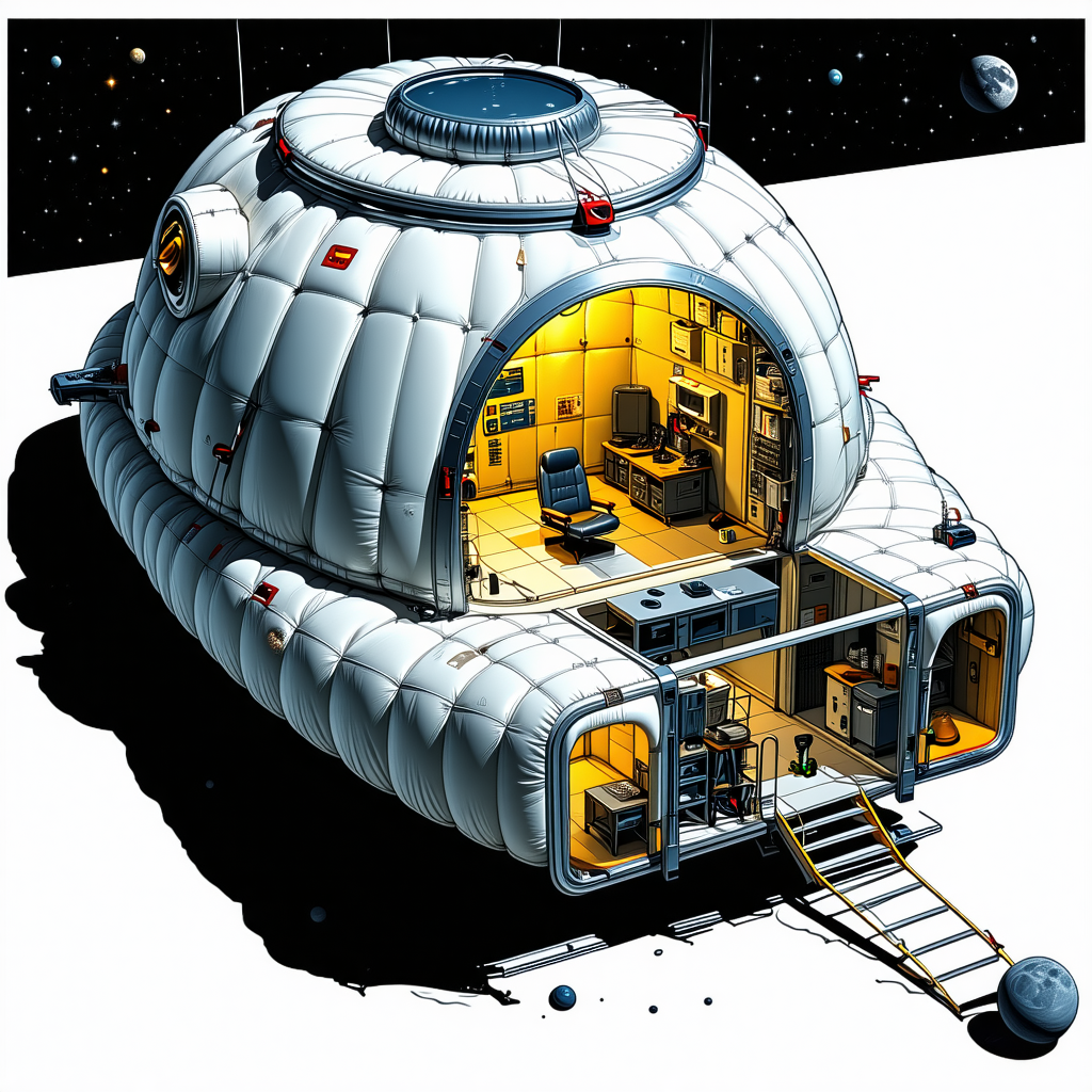 The Image Is A Cartoon Drawing Of A Space Station, Which Appears To Be A Large White Dome