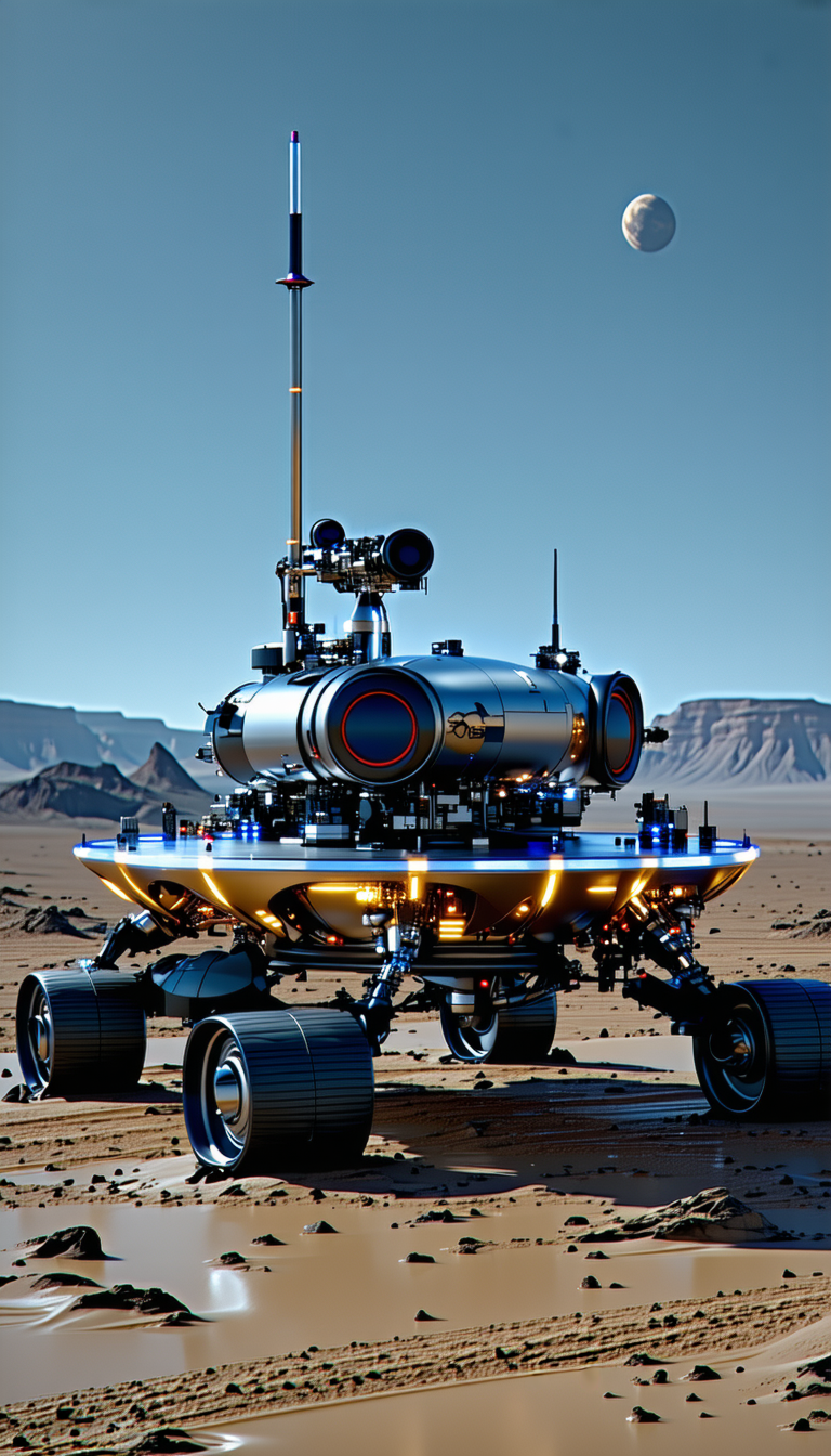 A Futuristic Vehicle, Possibly A Spacecraft Or A Rocket, Sitting On A Dirt Surface