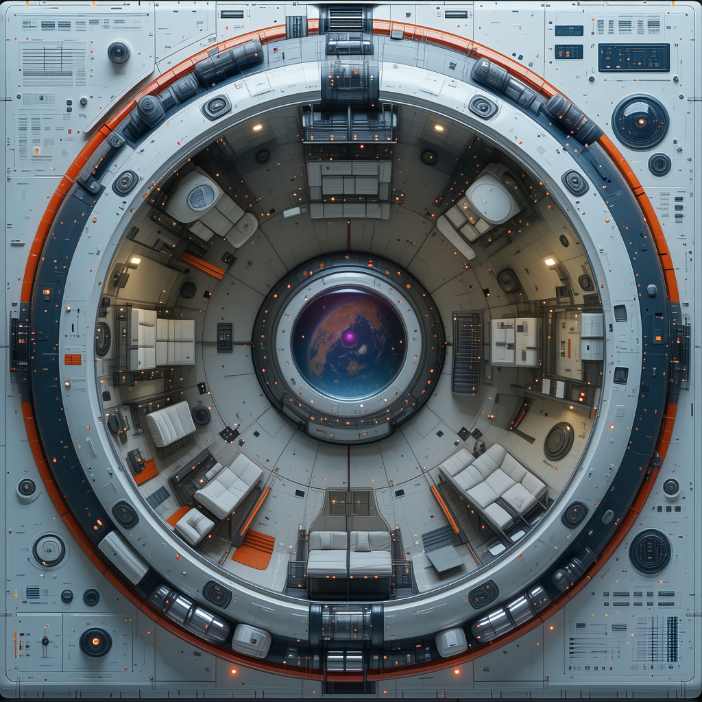 The Image Is A 3d Model Of A Space Station, Featuring A Large Central Hub With A Large Window