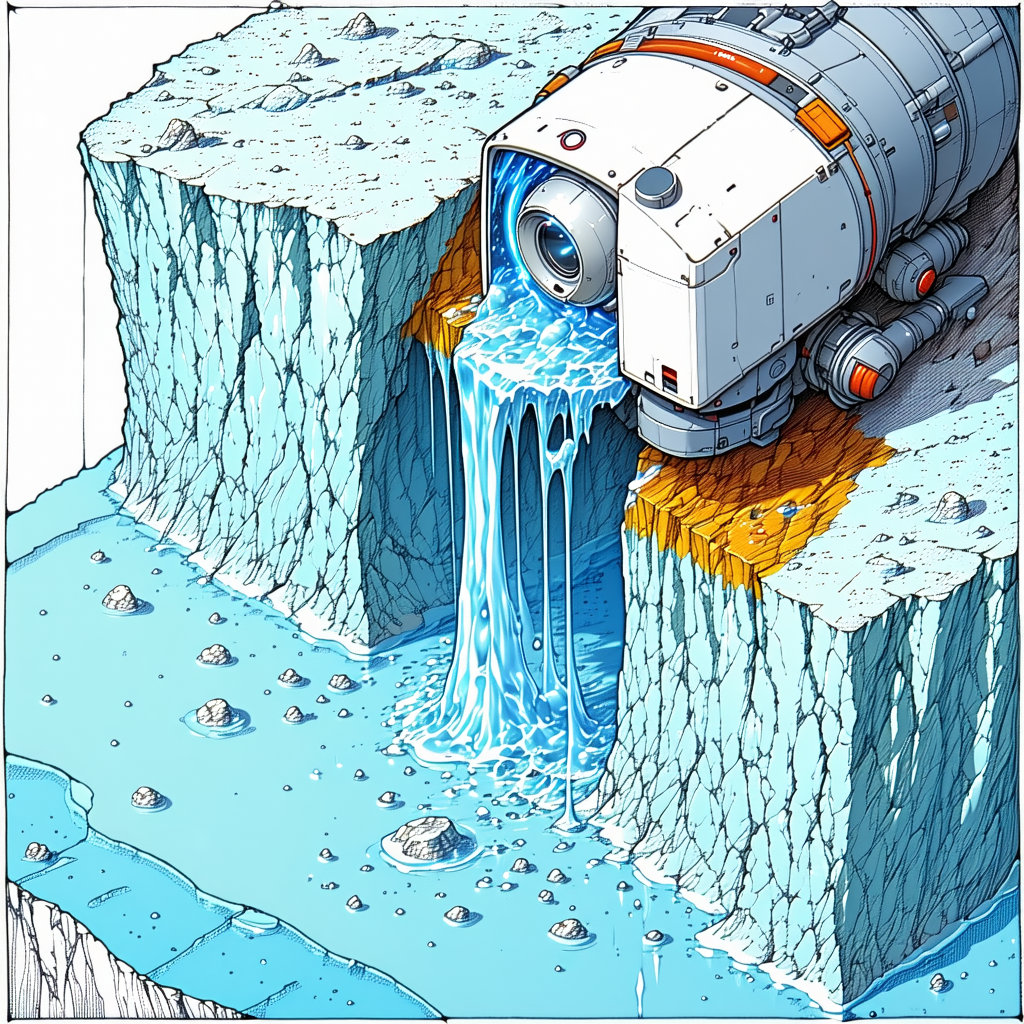 A Blue Waterfall Is Flowing From A Large White Structure, Which Appears To Be A Space Station