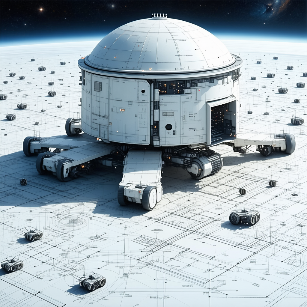 In The Image, There Is A Large White Spacecraft With A Dome-shaped Top, Sitting On A White Surface