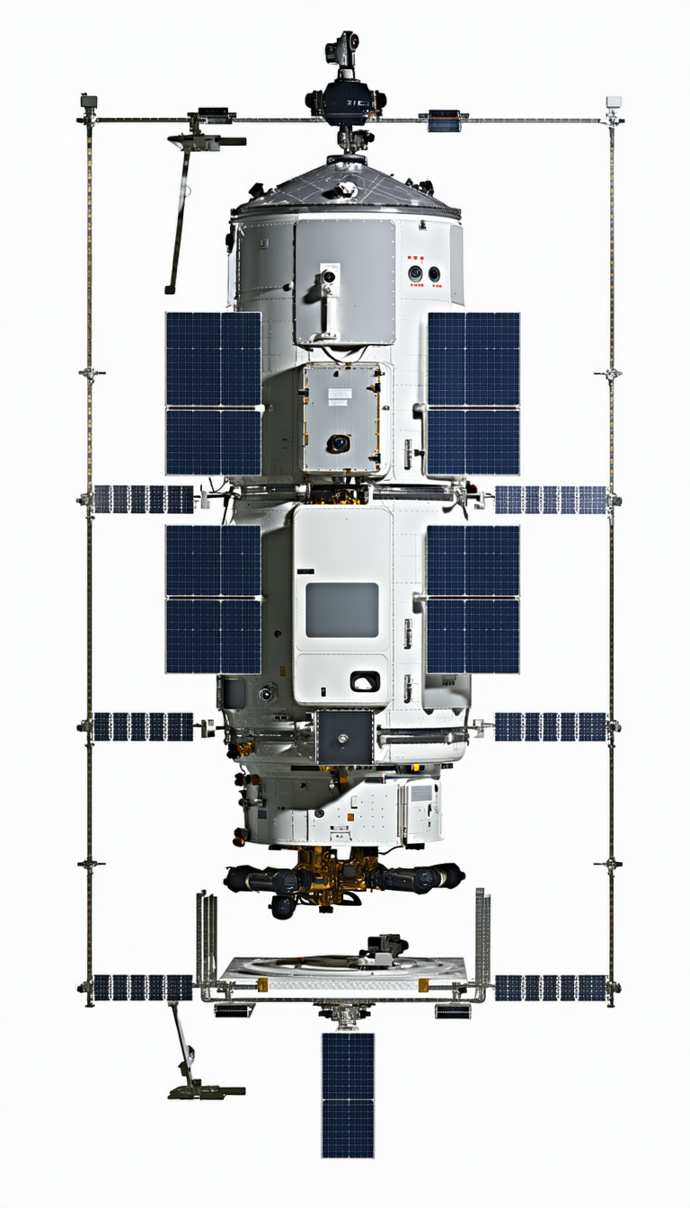 A Large White Spacecraft Is Shown In A White Background