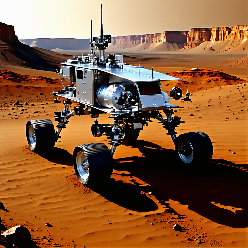 A Large, Futuristic-looking Vehicle With A Metallic Appearance, Driving Across A Desert Landscape