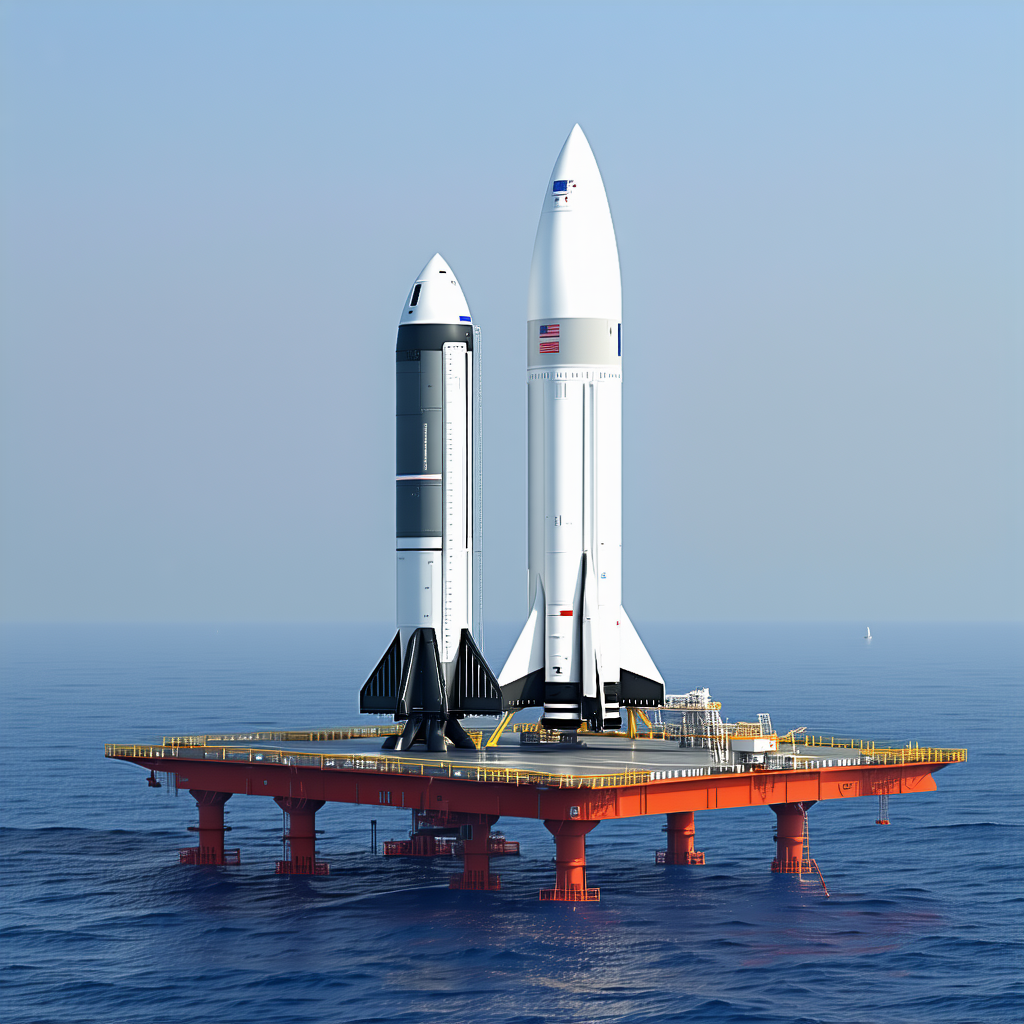 A Large White Rocket Ship Sitting On Top Of A Floating Platform In The Ocean