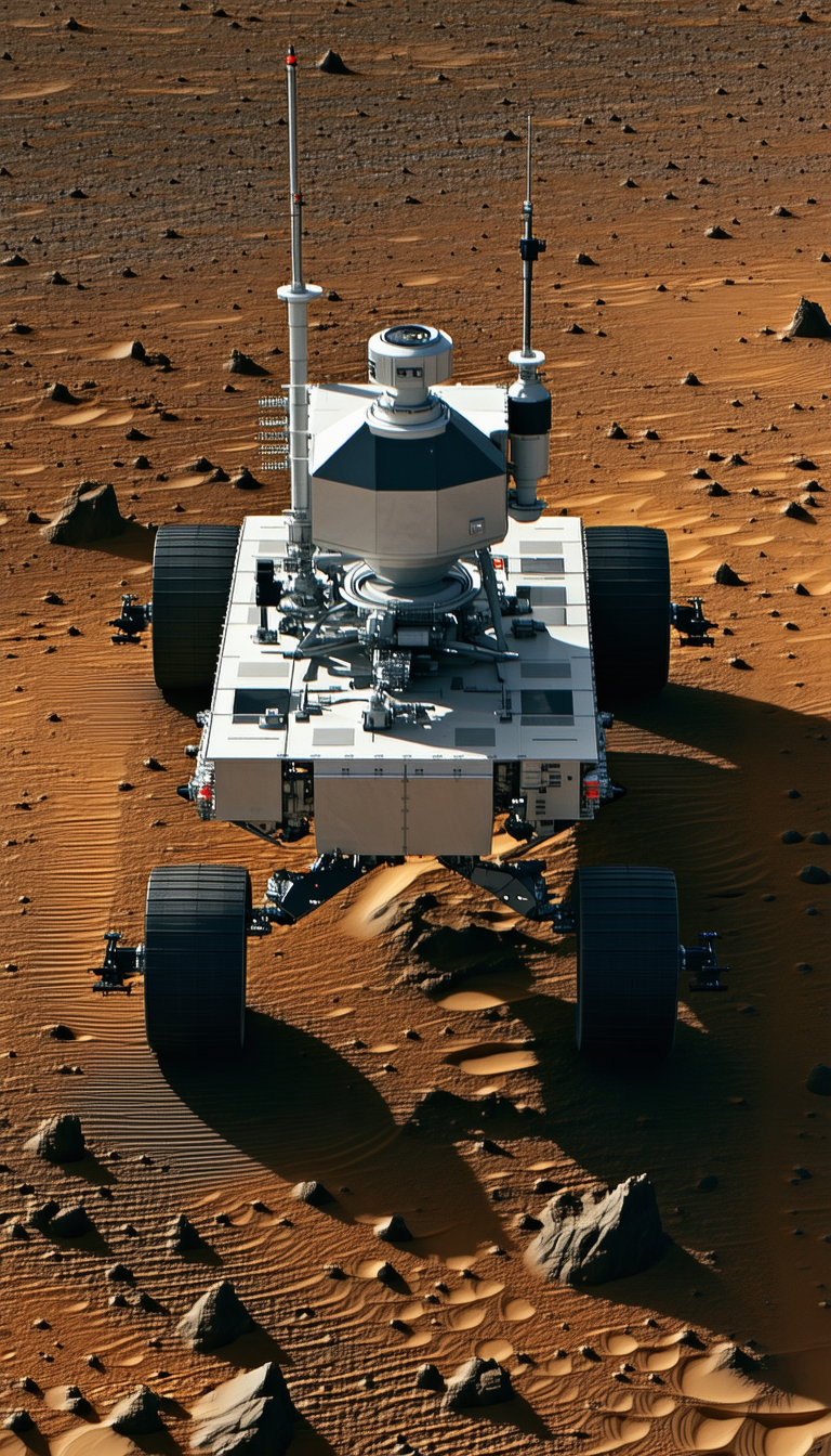 A Large, White, And Silver Vehicle With A Satellite Dish On Top, Driving On A Dirt Road