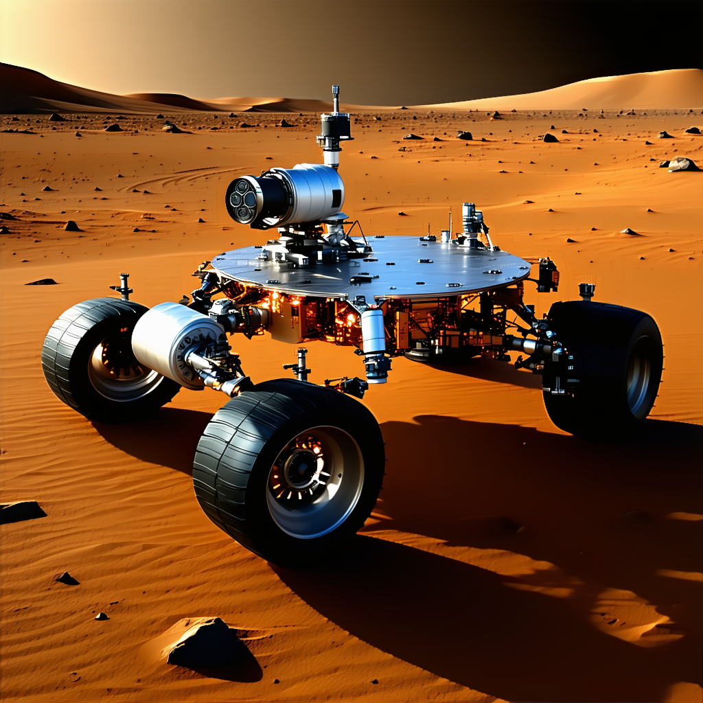 A Large, Futuristic Vehicle With A Metallic Appearance, Driving Across A Desert-like Terrain