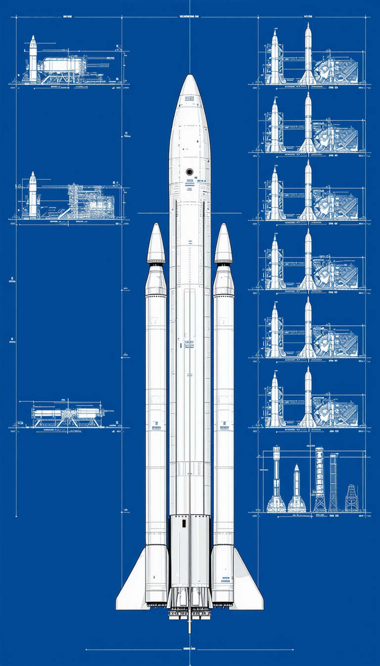 A Large Rocket Is Shown In A Blue Drawing, With A Smaller Rocket On The Right Side