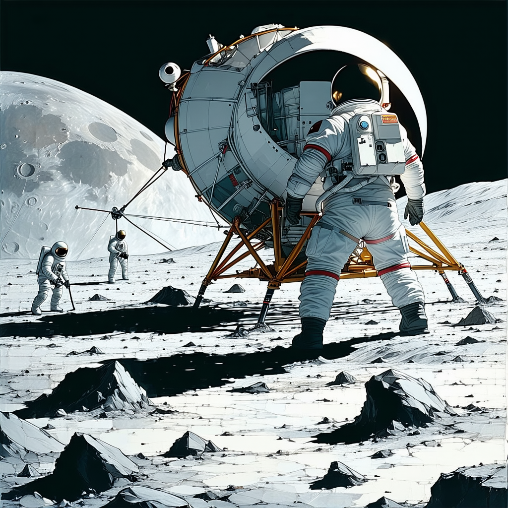In The Image, There Are Three Astronauts On The Moon, Standing Next To A Large Spacecraft