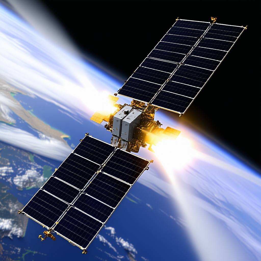 A Space Shuttle With A Large Satellite On Top Of It, Flying Through The Sky