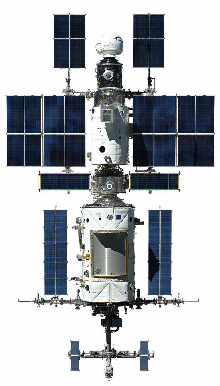 A Large Spacecraft Is Shown In A White And Blue Color Scheme