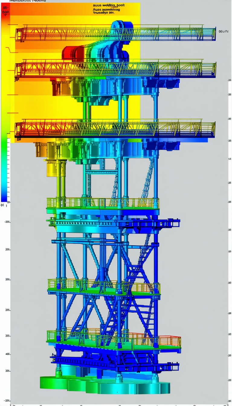The Image Is A 3d Model Of A Large Blue And Yellow Structure, Possibly A Tower Or A Bridge