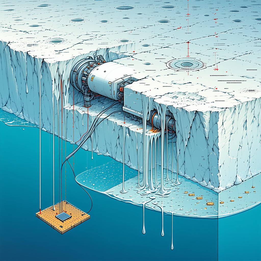The Image Is A Blue And White Illustration Of A Submarine, With A Large Iceberg In The Background