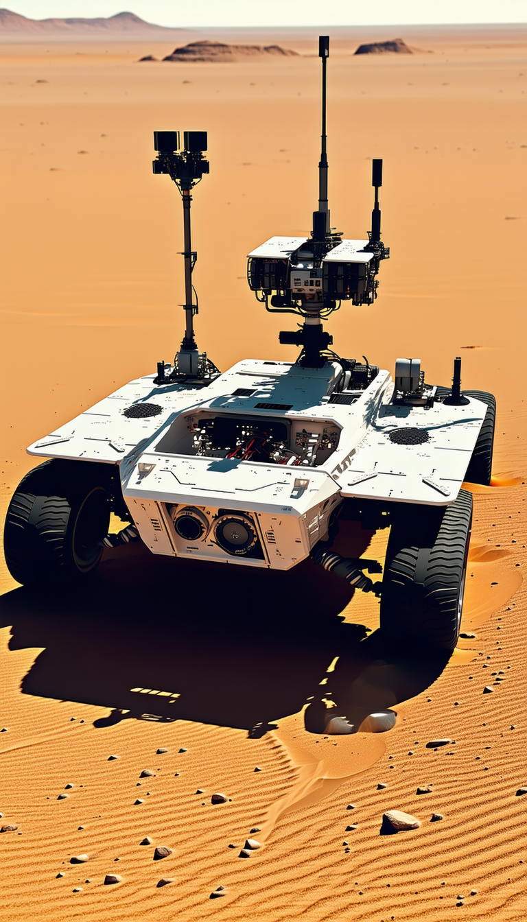 A White Robotic Vehicle With A Large Camera Mounted On Its Front