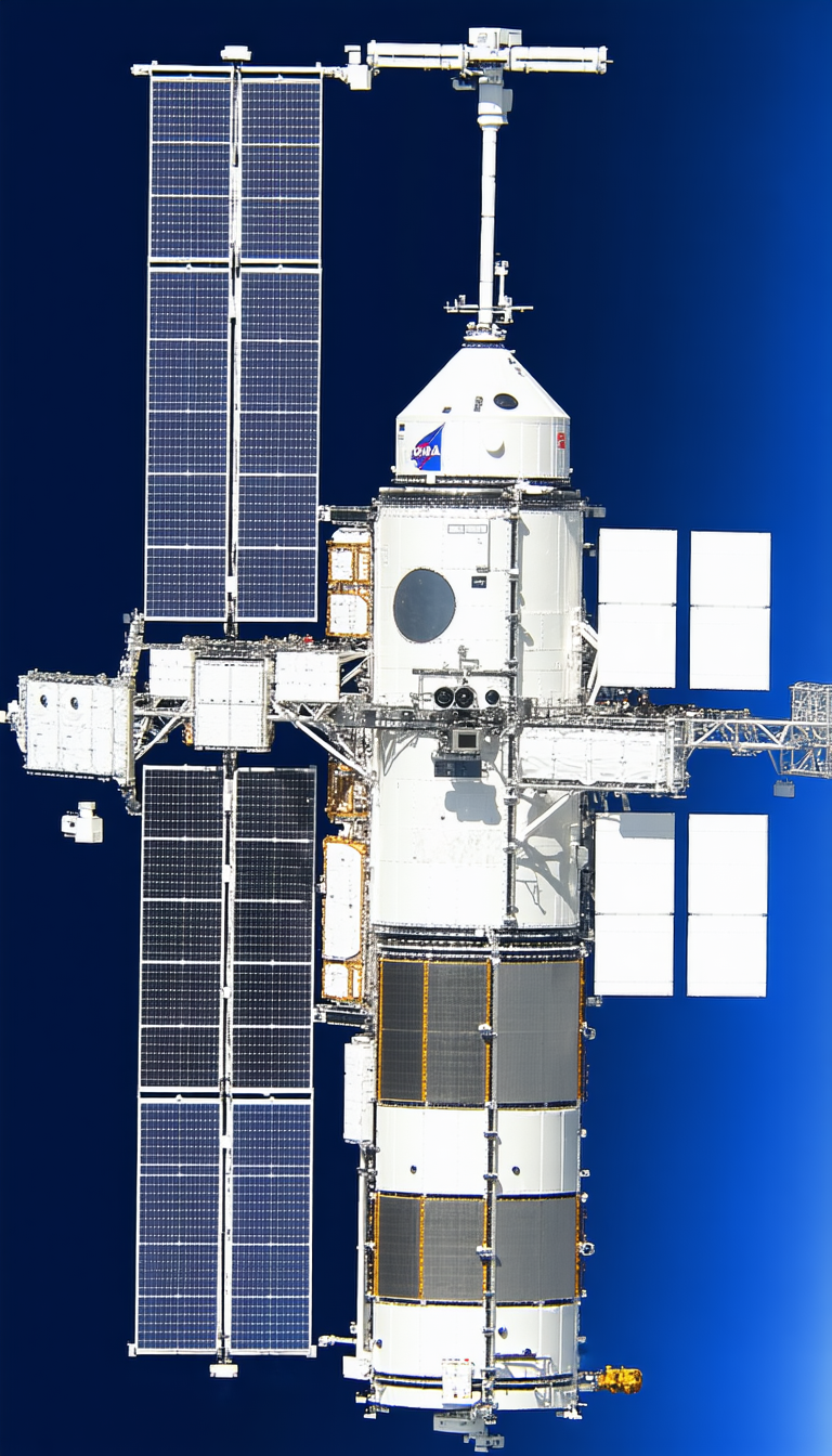 A Large Space Station Is Shown In A Blue Sky