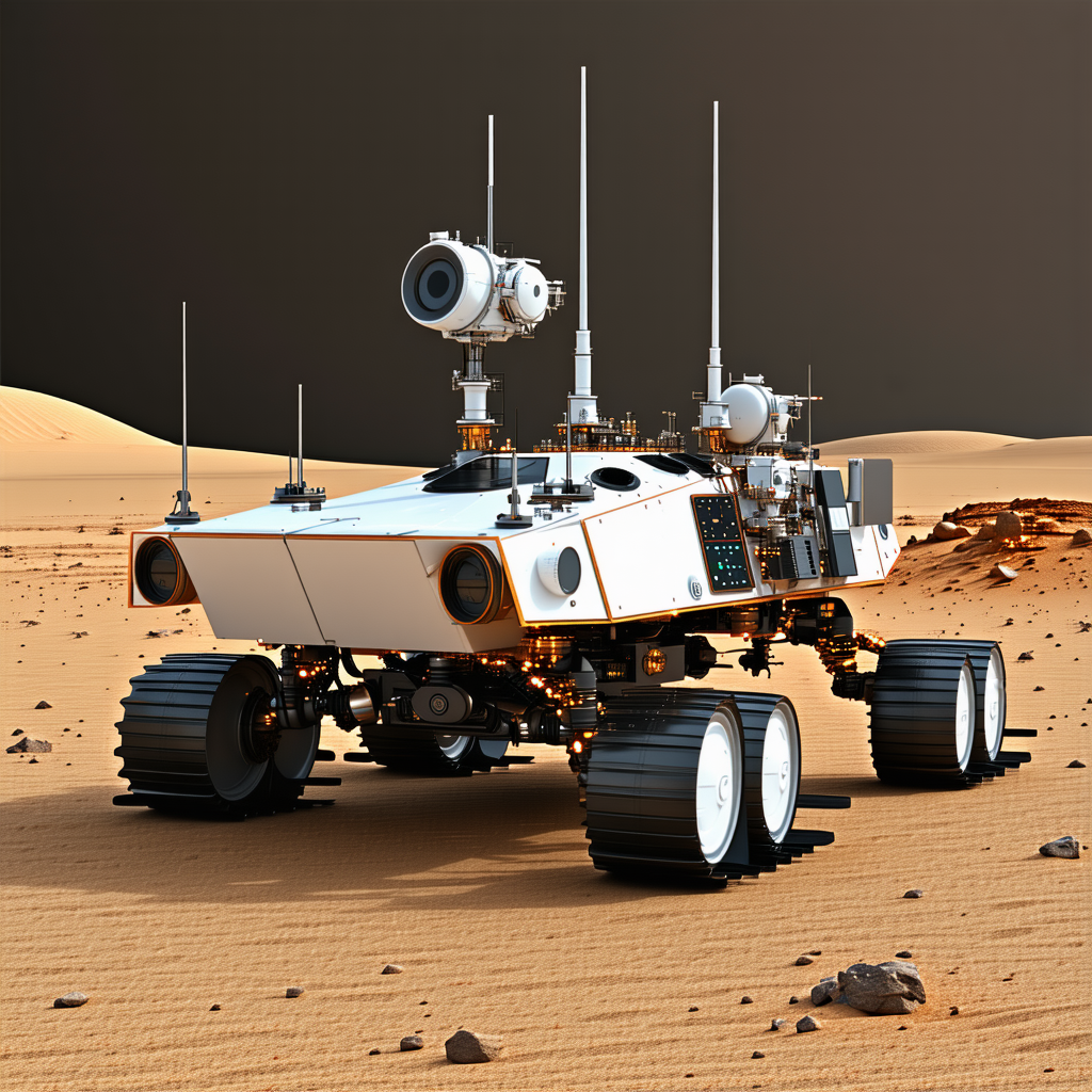 A White Robotic Vehicle With A Large Antenna On Top, Driving Across A Desert Landscape
