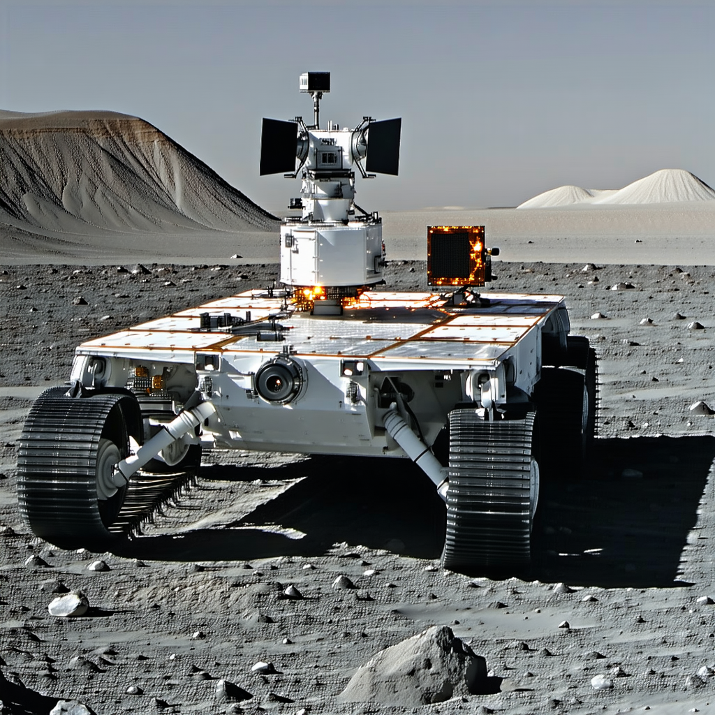 A White Robotic Vehicle, Possibly A Rover, Parked On A Rocky Surface