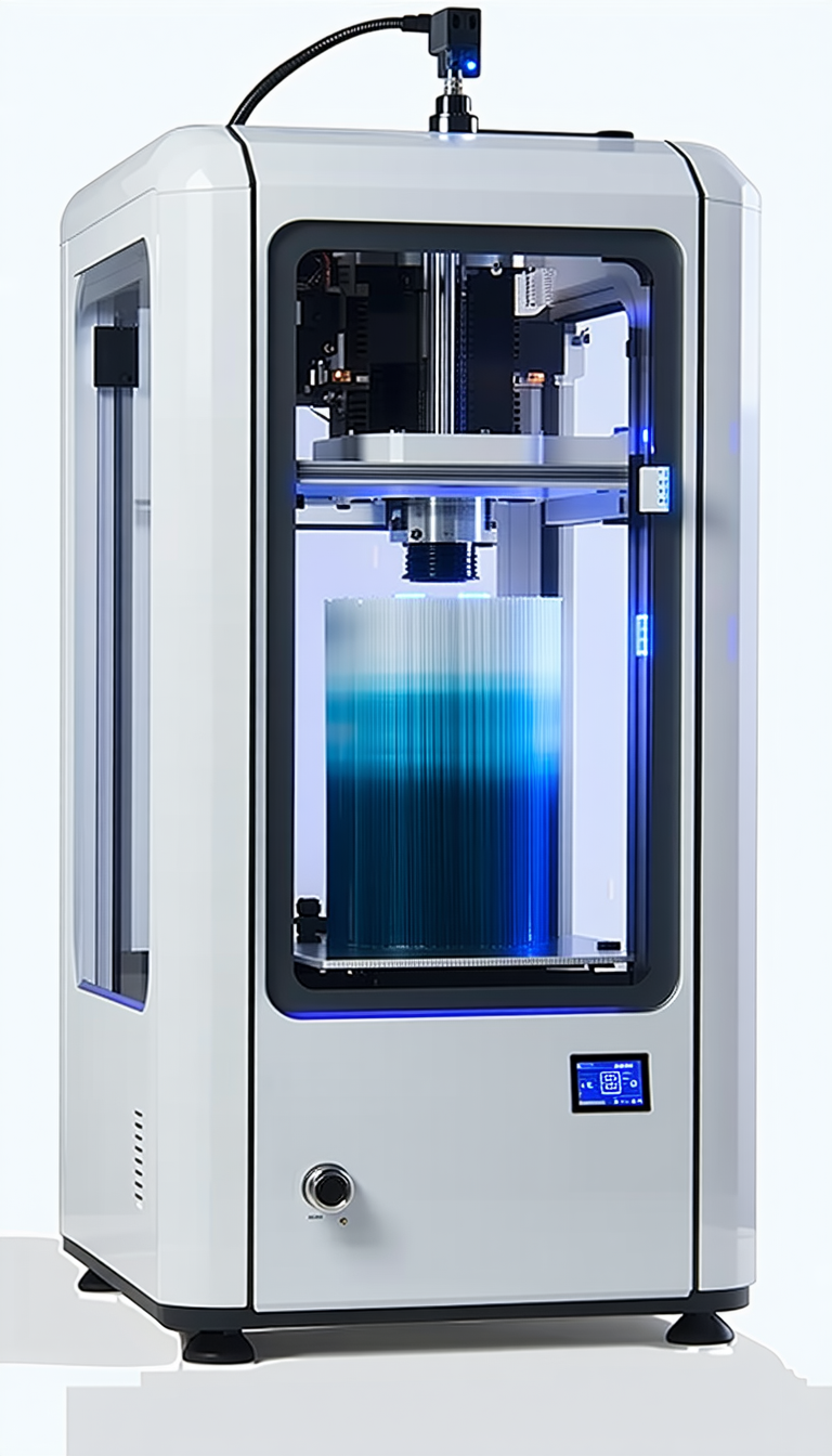 A Large Machine Is Shown In The Image, With A Blue And White Plastic Object Inside Of It