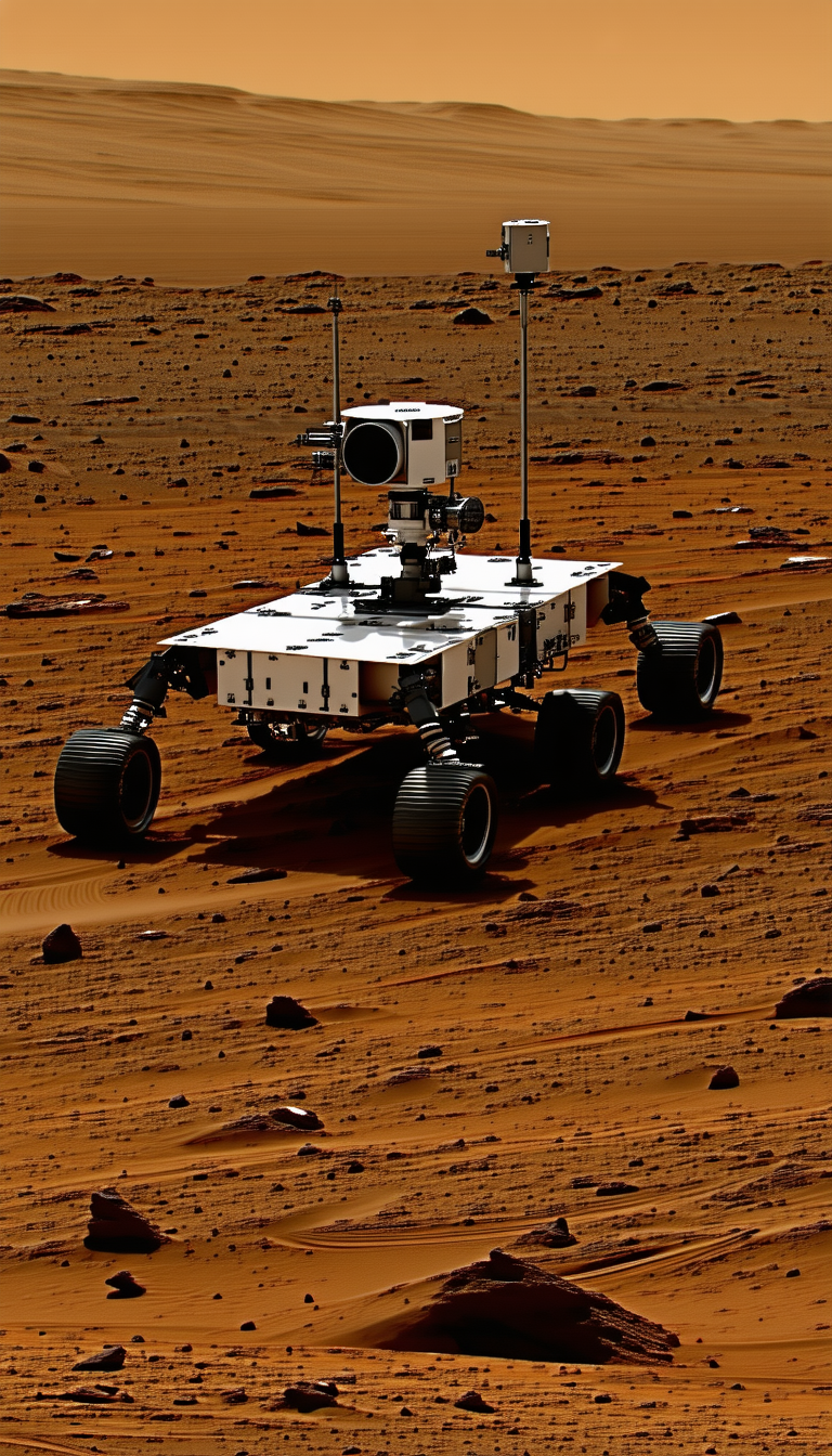 A White Robotic Vehicle, Possibly A Rover, Driving Across A Dirt Field