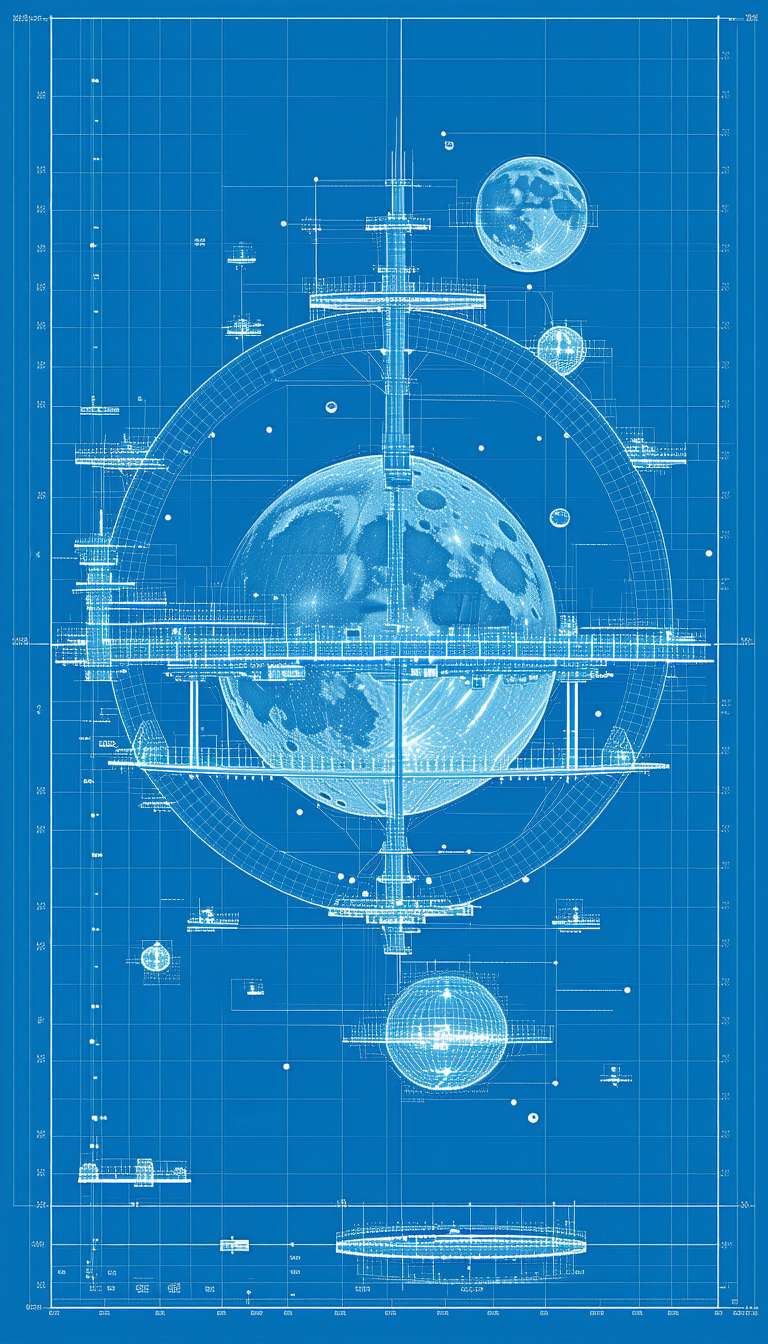 A Blue Drawing Of A Space Station Is Shown, With A Large Blue Circle In The Center
