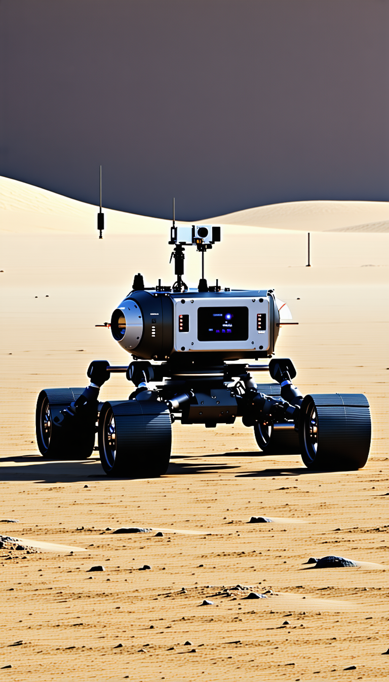 A Robotic Vehicle, Possibly A Rover, Driving Across A Sandy Terrain