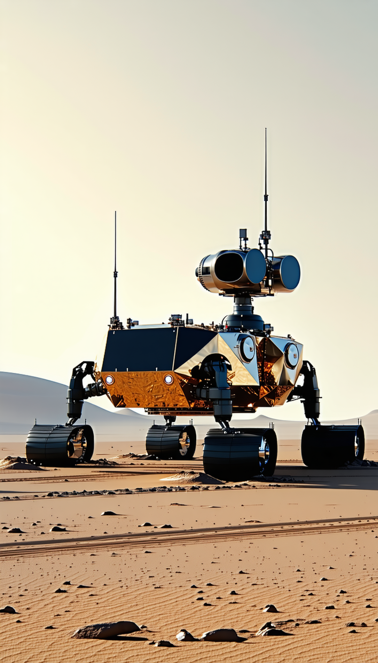 A Large Robotic Vehicle With A Gold And Black Color Scheme, Standing On A Dirt Surface