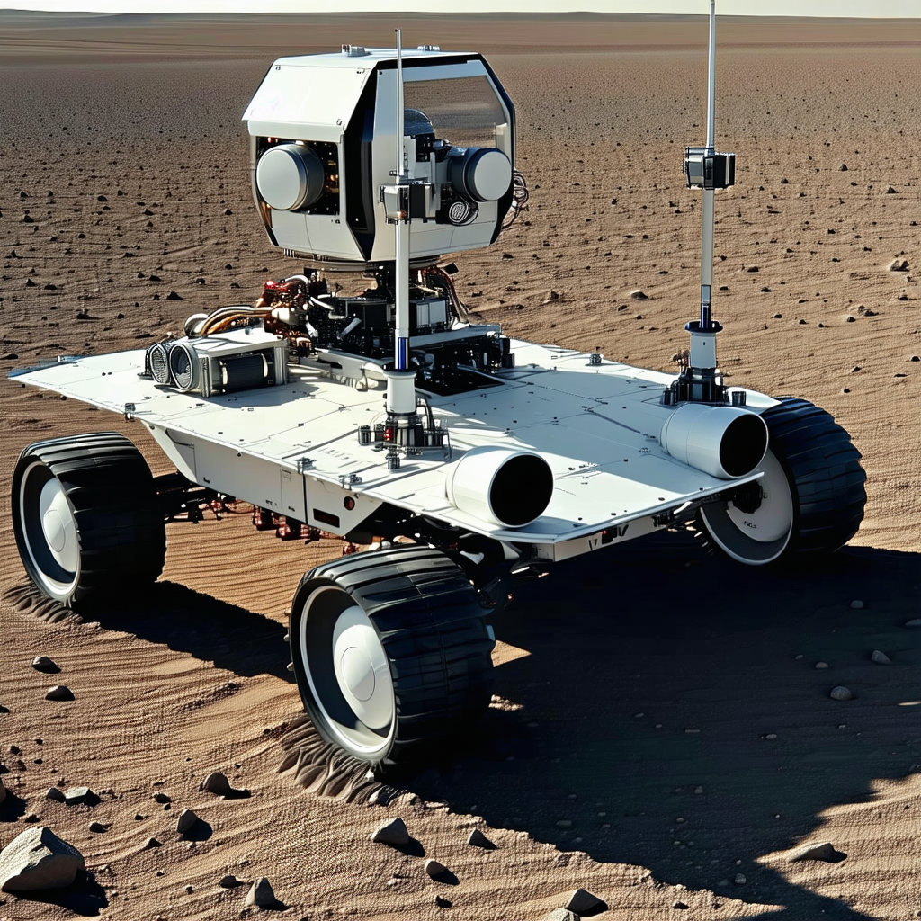A White Robotic Vehicle, Possibly A Rover, Sitting On A Dirt Surface