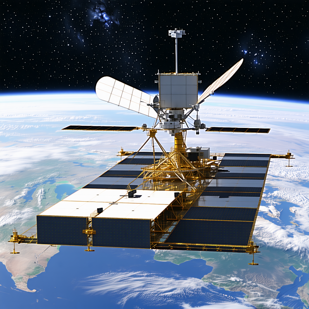 A Spacecraft With A Large Dish Antenna On Top Of It, Flying Over A Blue And White Earth
