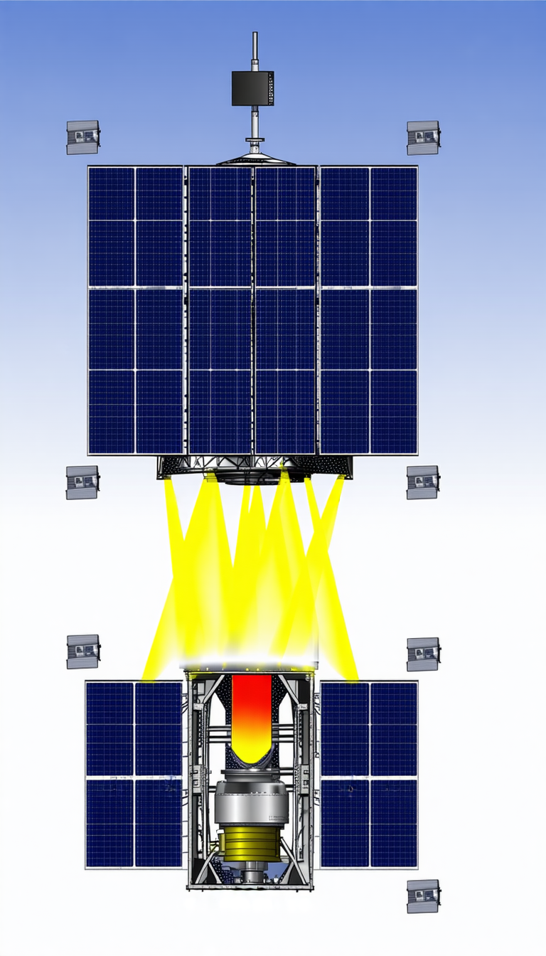 A Large Solar Panel With A Yellow Light Shining Through It