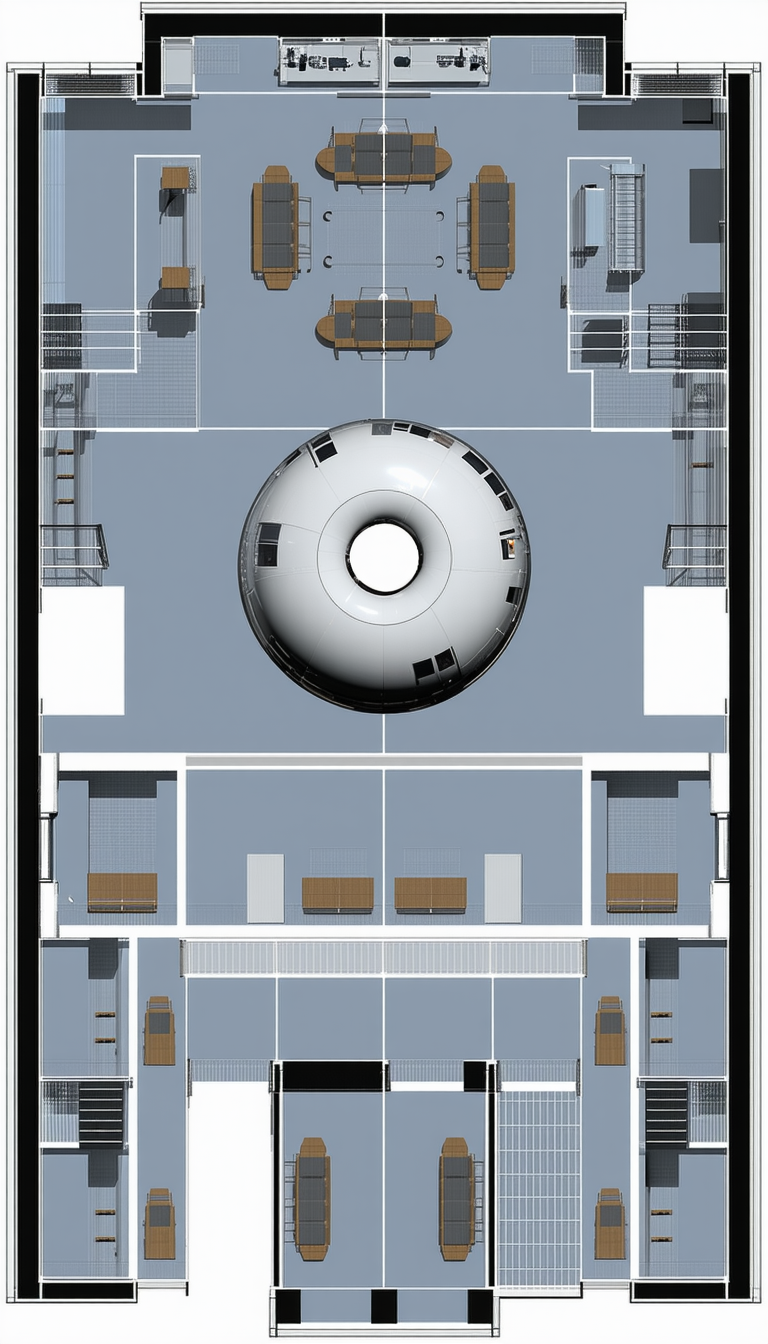 The Image Is A 3d Model Of A Room With A Large White Circle In The Center