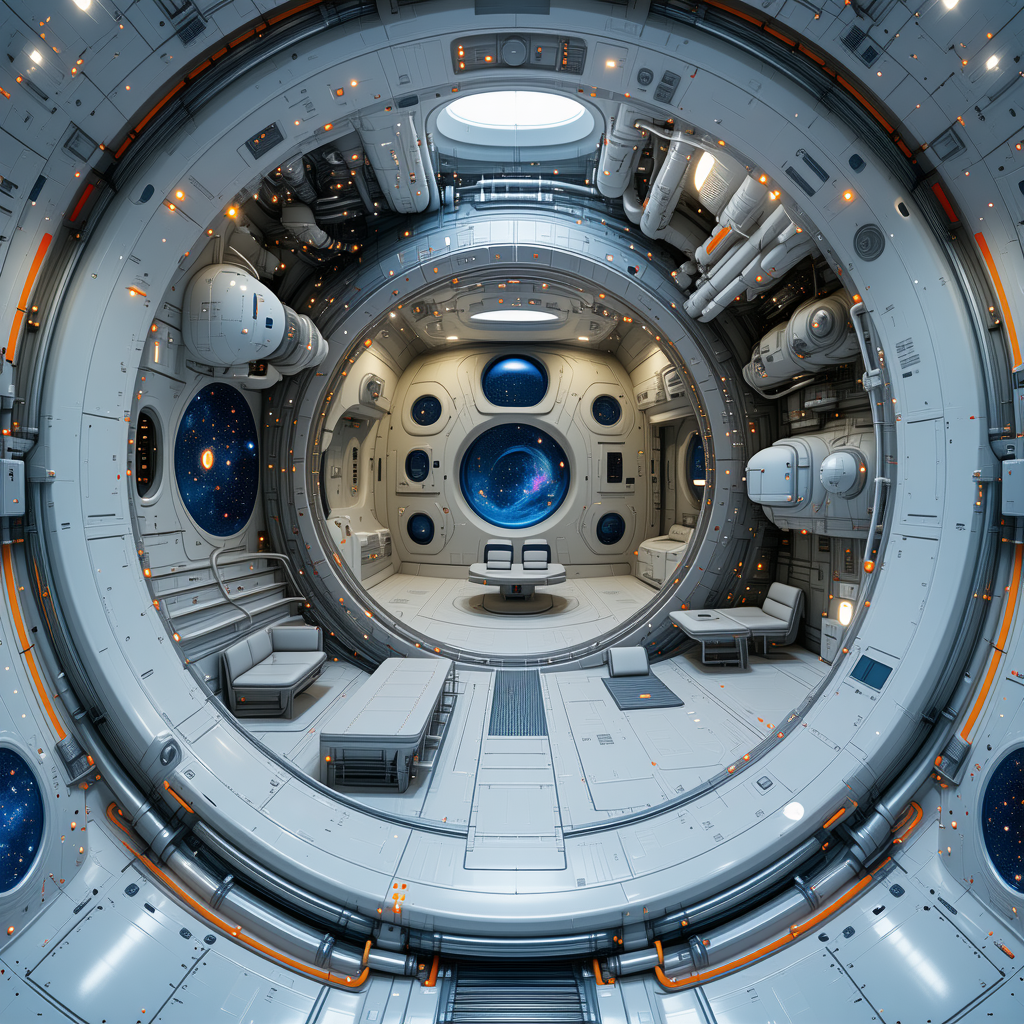 In The Image, There Is A Large, Futuristic Space Station With A Circular Design