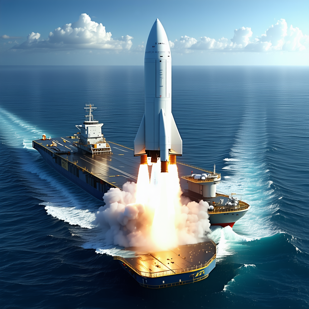 A Large Rocket Ship Is Being Launched From A Large Boat