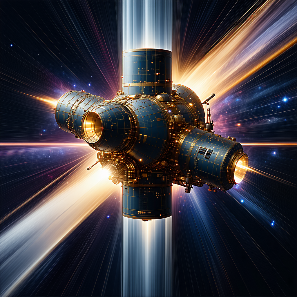 A Large Spacecraft With A Blue And Gold Color Scheme