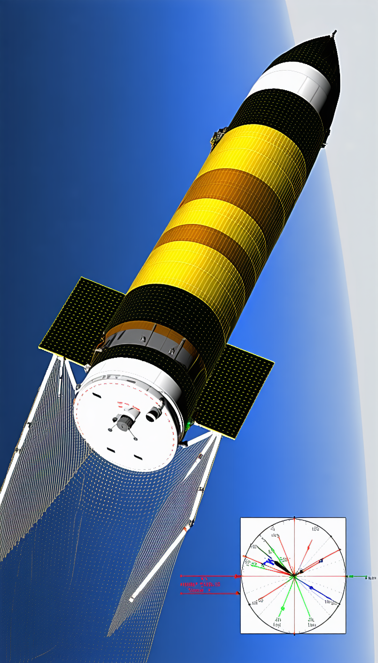 A Spacecraft Is Shown In A Blue Sky, With A Yellow And Black Color Scheme