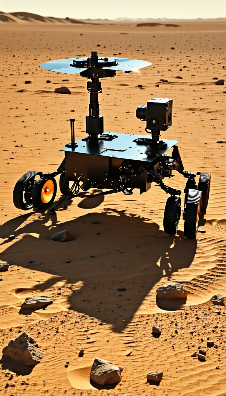 A Large Robotic Vehicle, Possibly A Rover, Driving Across A Sandy Surface