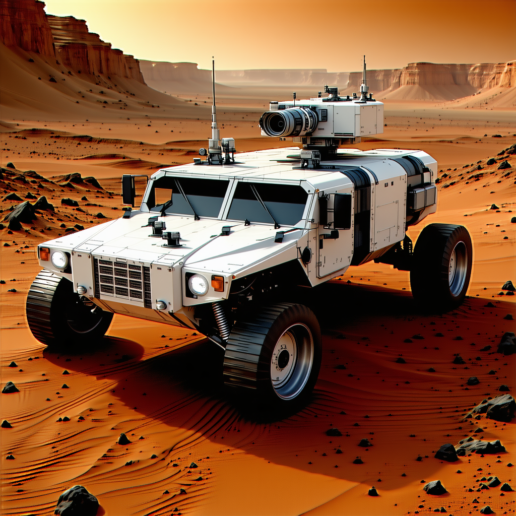 A White Truck With A Large Gun Mounted On The Back, Driving Through A Desert-like Terrain