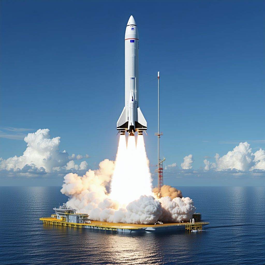 A Rocket Is Being Launched From A Platform In The Ocean