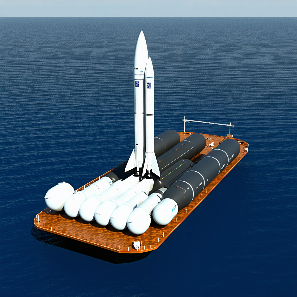 A Large Rocket Ship Floating On Top Of A Wooden Platform In The Ocean