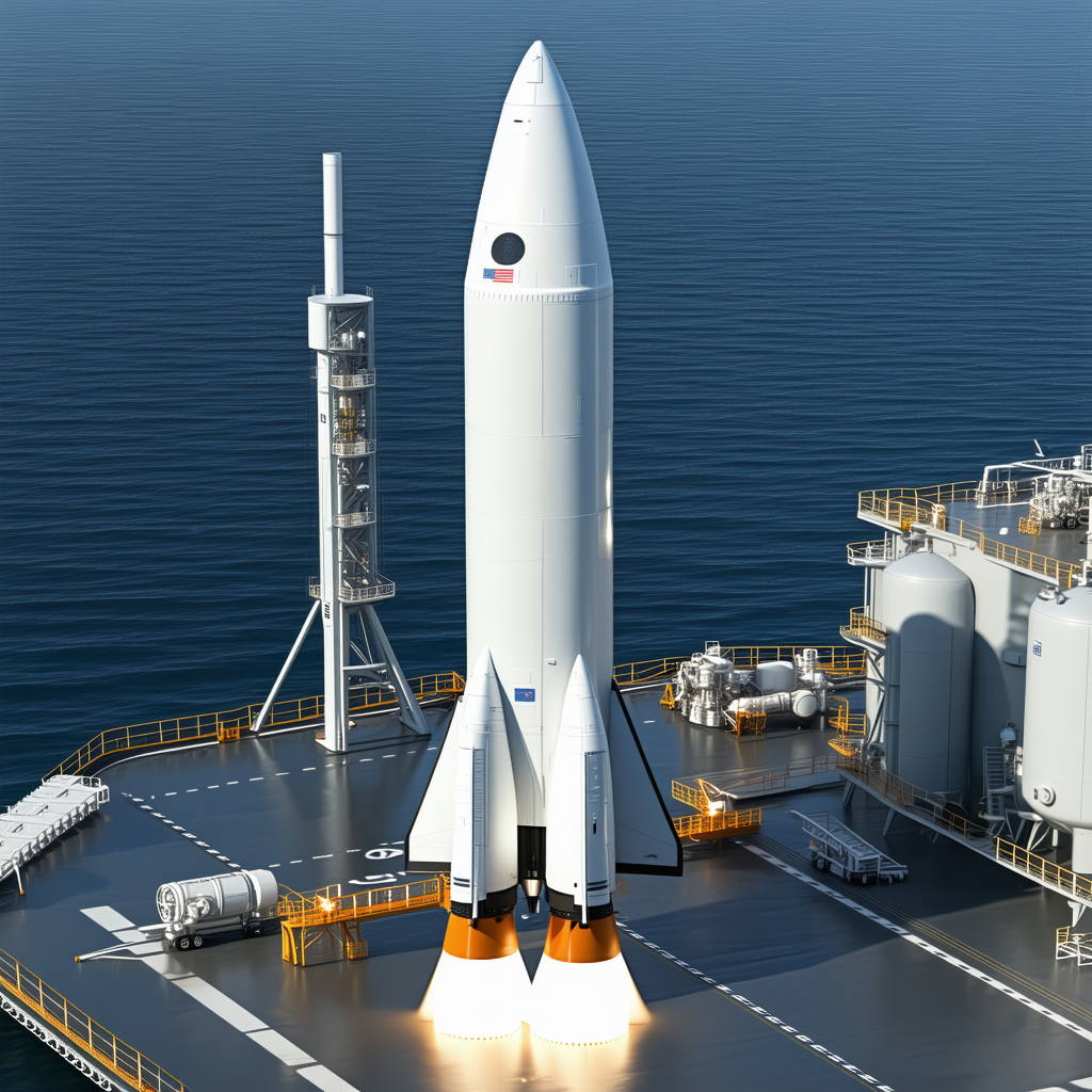 A Large White Rocket Ship On A Runway, With A Smaller Rocket Ship Docked Next To It